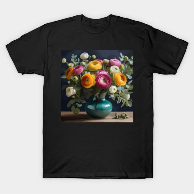 Ranunculus Flowers and Eucalyptus Leaves Still Life Painting in Turquoise Vase T-Shirt by bragova